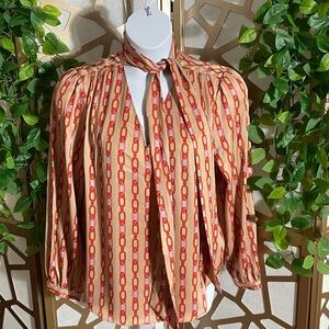 Ann Taylor Bow Blouse with Red and Pink Chain Print, XL